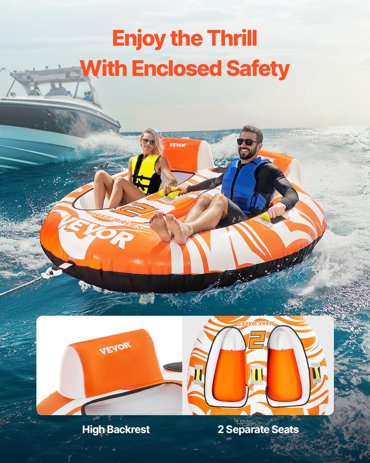 2 Rider Orange Towable Tube Water Flotation Device For Thrilling Boating Fun