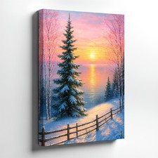 Wall Art Winter Sunset Lake Snowy Pine Trees Birch Forest Landscape Print Decor