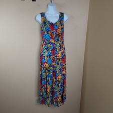 Vintage 90s Ariana Vibrant Abstract Floral Sleeveless Midi Dress Size 7
