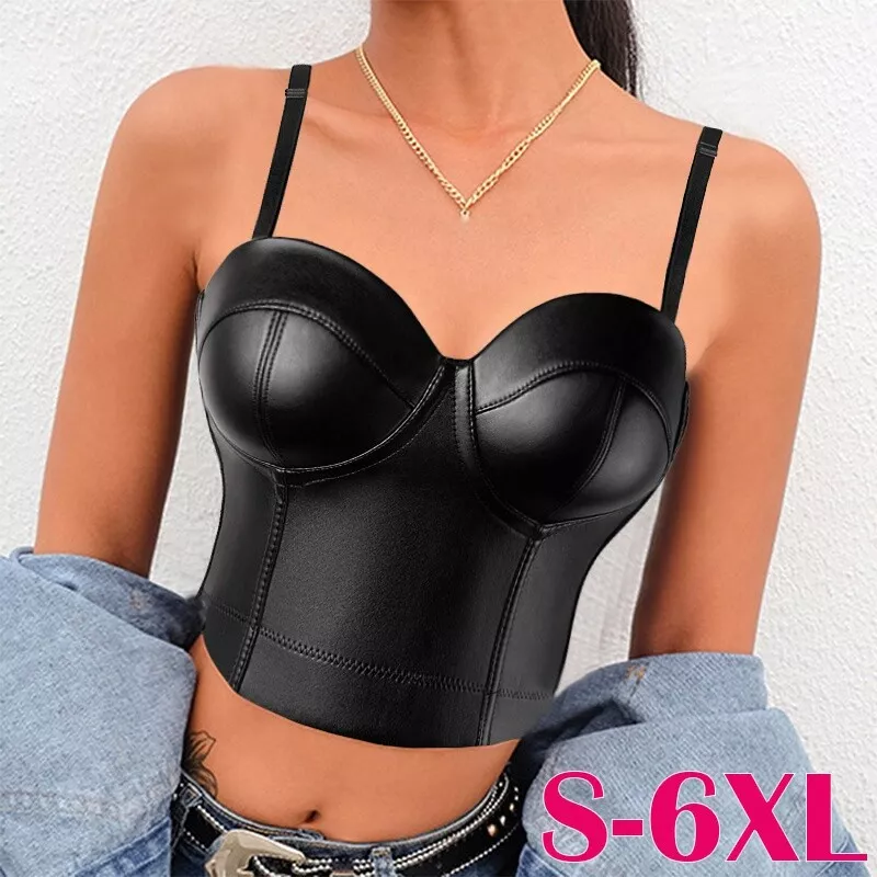 Women PU Leather Bustier Crop Top Spaghetti Straps Gothic Push Up Bra  Corset Top