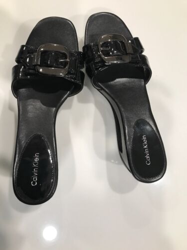 Calvin Klein Black Portent Leather Yoga Wedge Slip On Slides Sandals Size 8M - Picture 1 of 8