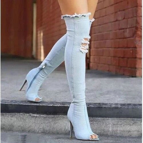 Knee high heel boots open toe hotsell
