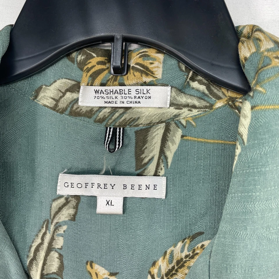 Camisa con botones Geoffrey Beene para hombre talla XL verde palmeras tropicales mezcla de seda Foto 3 de 4