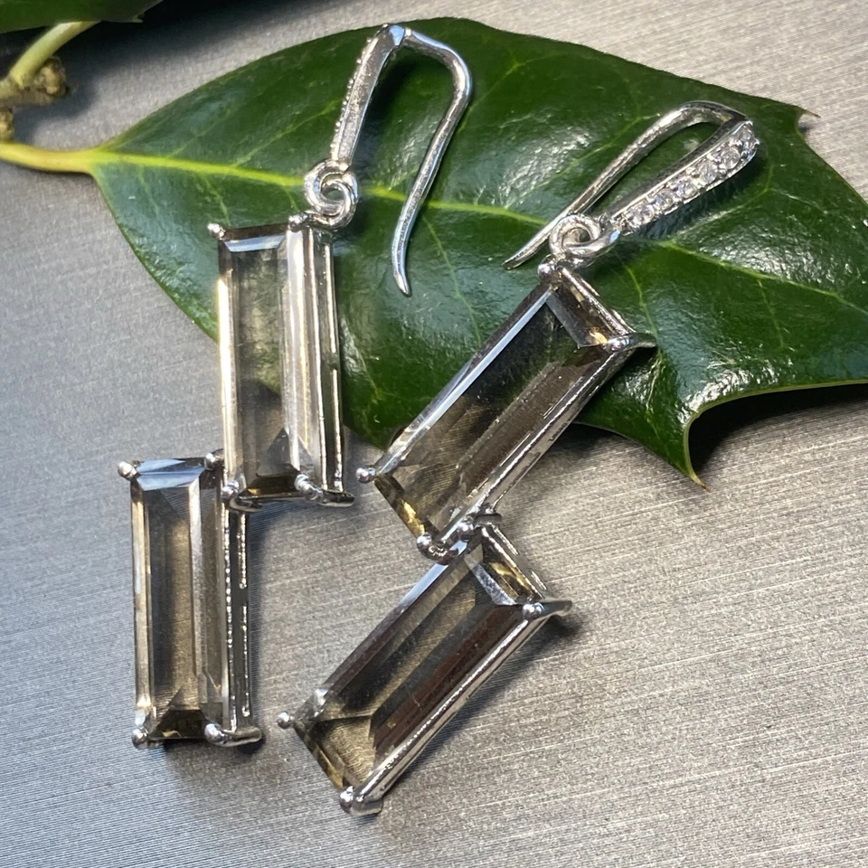 Pendientes Vintage Joyería Patrimonial Usados Cuarzo Ahumado Gema Inusual Asimétrico XL Foto 4 de 4