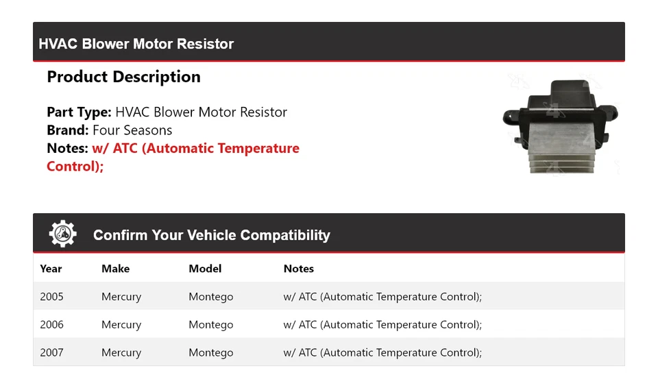 Resistencia de motor soplador de climatización Mercury Montego 2005-2007 4 estaciones 2006 Foto 2 de 4
