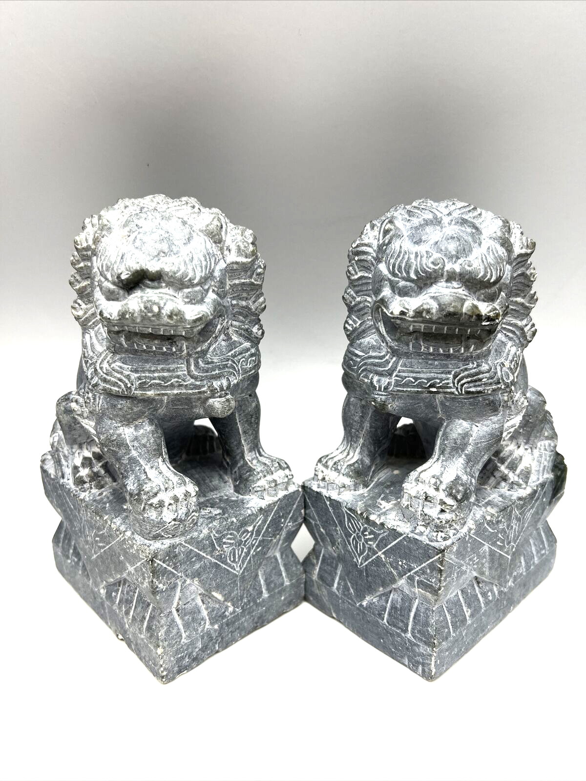 Vintage Black Gray Soapstone Buddhist Foo Dogs 6 Inches Tall Pair