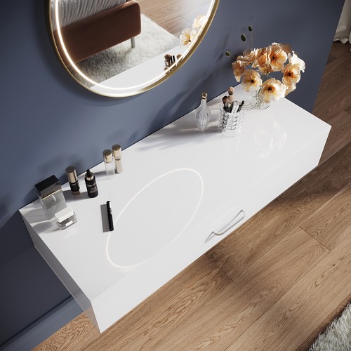 White High Gloss Hanging Dressing Table Vanity Wall Mounted with Storage Drawer - Picture 7 of 19