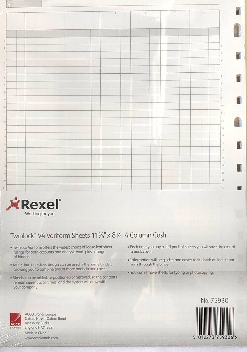 Rexel Twinlock Variform V4 75 Sets 4 Column Cash Refill 75930