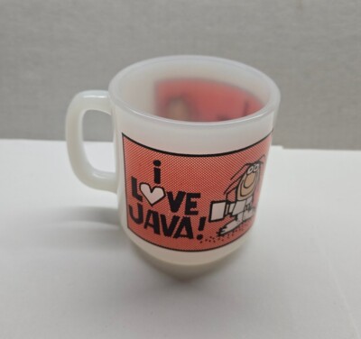 Glasbake I Love Java! Heat Resistant 8 oz. Milk Glass Coffee Mug Cup USA 1980s