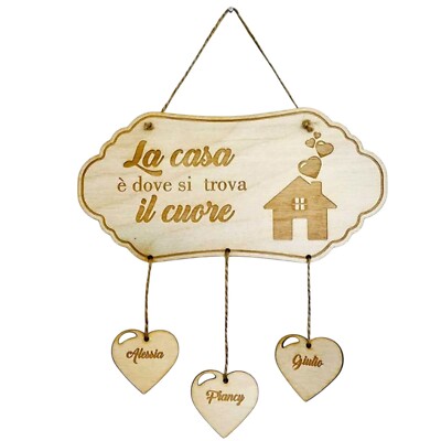 Familienschild aus Holz personalisiert Das Haus wo das Herz ist mit Namen