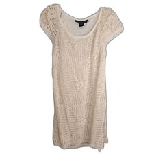 Bohemian Cafe Cream Short Sleeve Crocheted Knit Dress Sz L