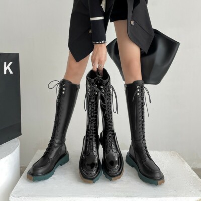 Women's 2021 Fashion Leather Lace Up Platform Knee High Knight