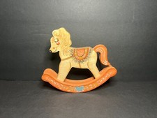 Vintage Retro Hand Painted Wooden Rocking Horse Figure w/ Fringed Saddle
