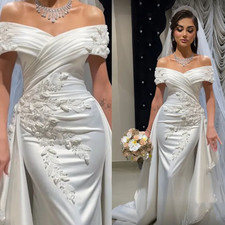 Elegant Satin Mermaid Wedding Dresses With Detachable Skirt Lace Appliques Bead
