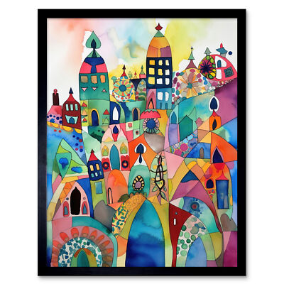 Cityscape Modern Abstract Folk Art Watercolour Framed Wall Art Picture Print 9X7