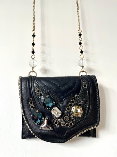 Bracher Emden jewelled crystal black leather mini cross body bag
