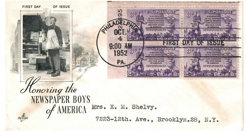 United States 1952 first day cover with plate block Newspaper boys of America