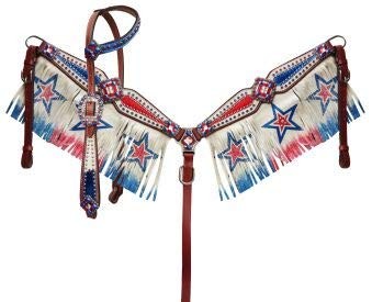 Showman Red/White/Blue Patriotic Headstall & Breast Collar Set w/ Fringe