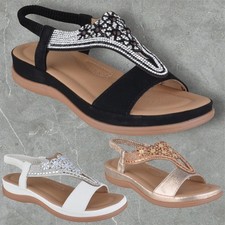 LADIES WOMENS FLAT LOW HEEL SLINGBACK CASUAL DRESSY DIAMANTE SANDALS SHOE SIZE