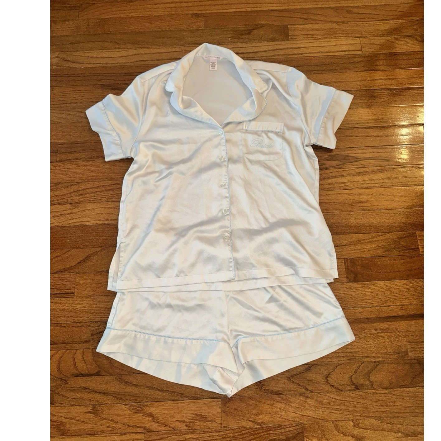Victoria's Secret Women's White Satin Pajama Set Short Sleeve Bride Pocket S