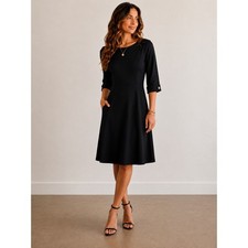 Grace Karin Fit and Flare Dress Small Black 3/4 Sleeve Button Cuff Knee Length