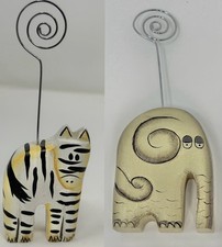 Pier 1 Wooden Elephant Zebra Note Card Photo Holders Pair