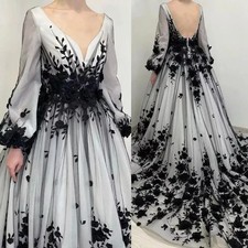 Black White Gothic Wedding Dress Backless V-neck Floral Lace A-Line Bridal Gowns