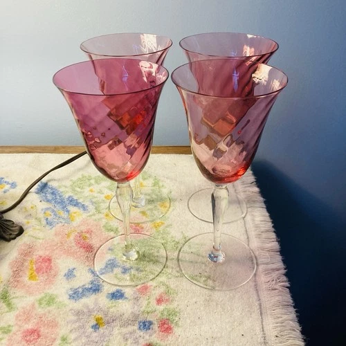 Set of 4 Handblown Cranberry  Wine Glasses w/ Optic Swirl Design & Clear Stems
