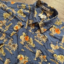 Vintage Pierre Cardin Shirt Mens XL Blue Tropical Palm Tree 100 Cotton Aloha