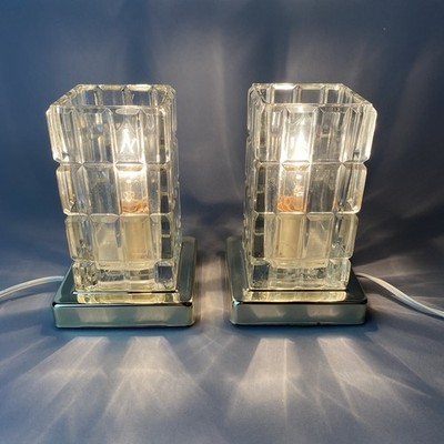 Vintage  Faceted Crystal Gilbert Square  Clear Block  Table Lamp Pair Hollywood