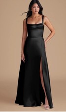 Azazie Hope Black Metallic Satin Full Length Dress, Sleeveless, Slit, Formal, 8