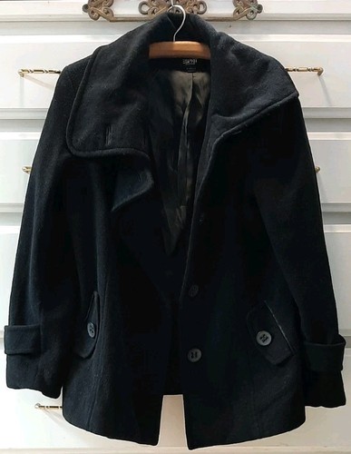 VTG Espirit Outerwear SzL Wool Blend Button Front Pea Coat Lined Jacket Pkts Blk - Picture 2 of 8