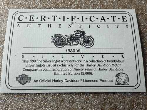 Vintage 1930 VL 74 Harley Davidson- 42.90 Grams .999 Fine Silver Bar + COA - Picture 11 of 12