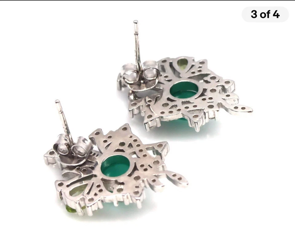 Pendiente hecho a mano ágata verde 6 mm peridoto y circón plata 925 chapado en oro blanco Foto 3 de 4