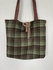 Green Plaid Shoulder Tote Bag, Vintage Style Fabric Tote Bag, Casual Everyday