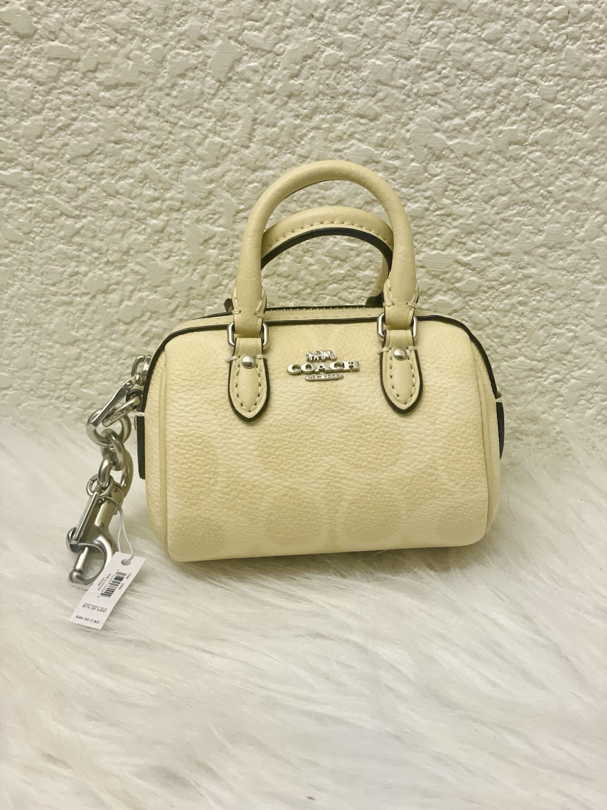 NWT COACH Mini Rowan Satchel Bag Charm In Signature Canvas Sand/Taupe