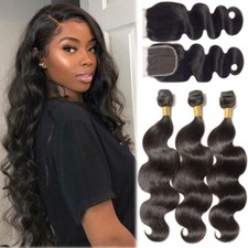 Brazilian 3 Hair Bundles with 4 4 Lace Closure 8A Virgin Human Hair Weave THICK