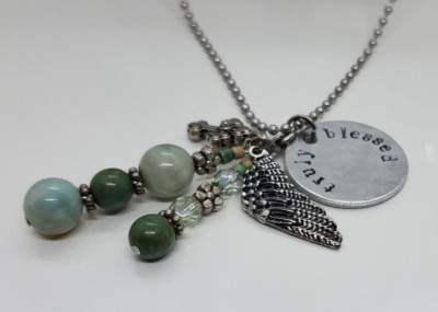 Truly Blessed Pendant Necklace Cross Wing Charms Green Beaded Design 34''