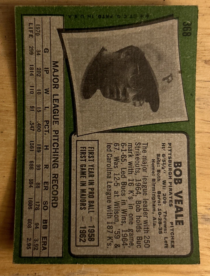 1971 Topps Bob Veale 368 Pirates (Most MLB Strikeouts, 250 in 1964) Mid-Grade VG - Image 2 of 2