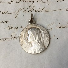 Pendentif Médaille Ancienne Signée DROPSY 1900 Vierge Marie Métal Argenté