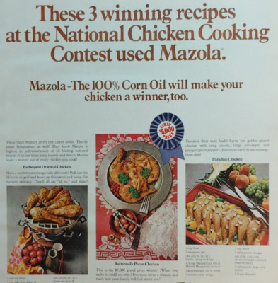 Vintage 1970 Ad Mazola 100% Corn Oil Makes Your Chicken A Winner Too
