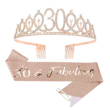 30Th Birthday Crown  Sash  Pearl Pin Set, Rose Gold Decorations for Women'S 30