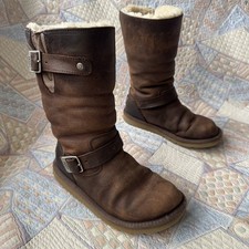 UGG Kensington Boots UK 4.5 Brown Sheepskin Biker Pull-On Buckle Leather Calf
