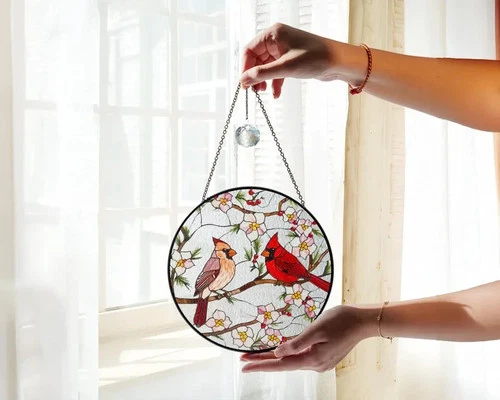 Cardinal Stained Glass Suncatcher Window Hanging, Bird Glass Art Memorial