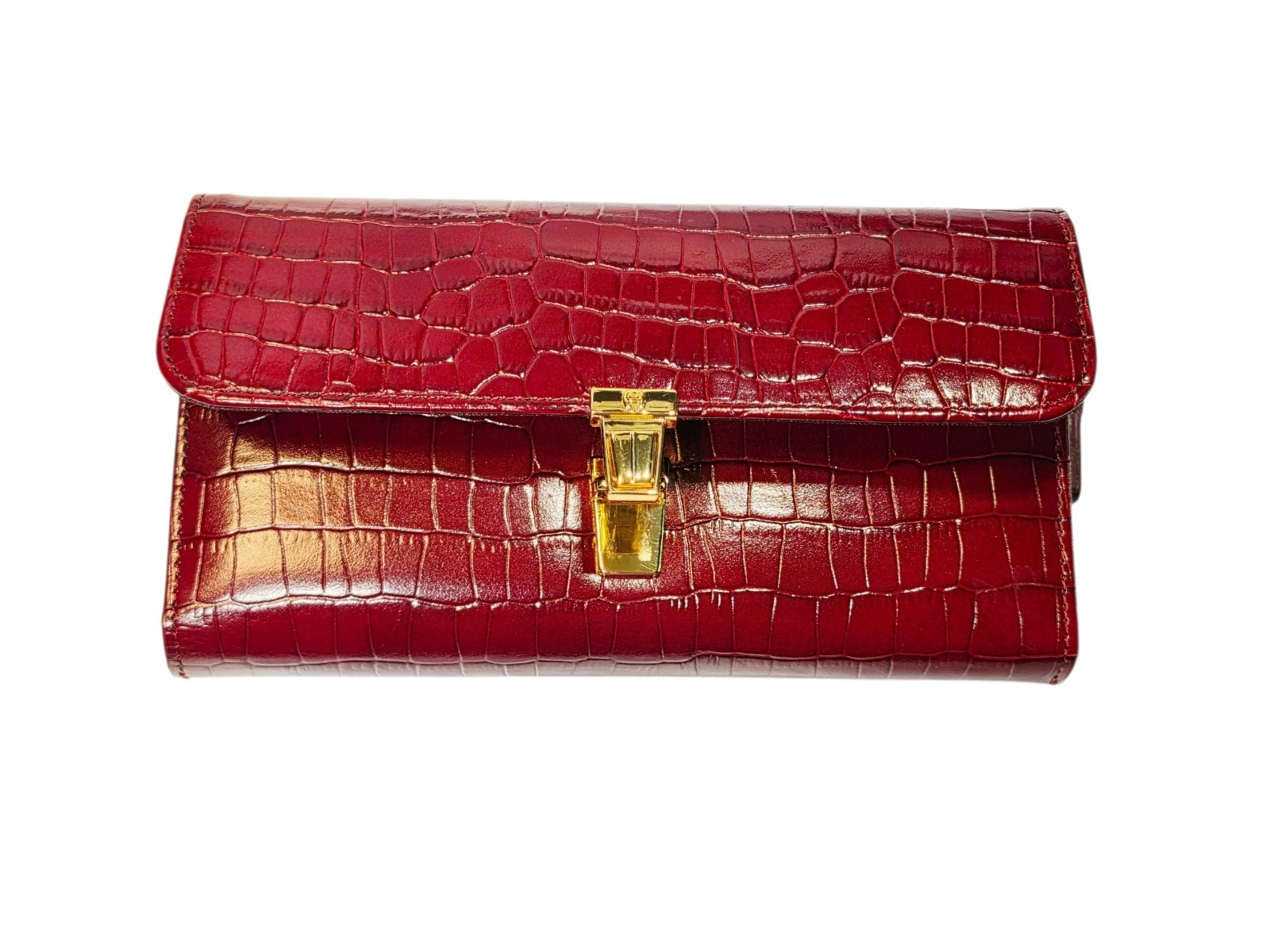 Etienne Aigner Red Croc Embossed Leather Wallet Gold Clasp Checkbook Organizer N