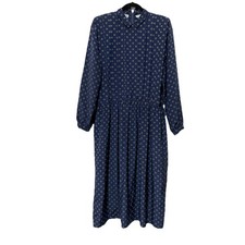 The Talbots Vintage Dress Women 12 Navy Geometric Print Midi Long Sleeve Pockets