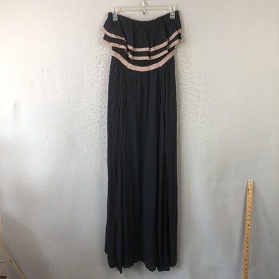 Off Shoulder Maxi Dress Womens Medium Black Tan Ruffle Boho 100% Rayon Summer