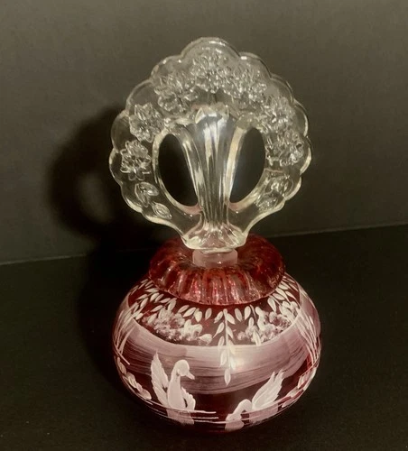 Fenton Glass 1998 Mary Gregory Swan on Lake #38 Of 1950 Perfume Bottle & Stopper