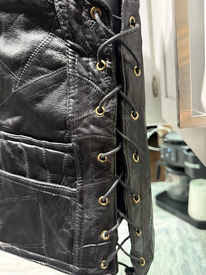 Chaleco de Cuero Negro Vintage Buffalo Níquel Botones Premium Motociclista Chaleco de Equitación M Foto 4 de 4