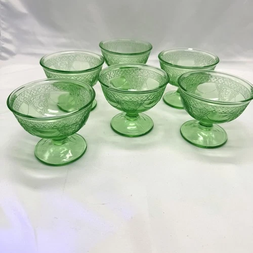 6 Cameo Ballerina Green Uranium Glass Depression Glass Coup Champagne Glasses